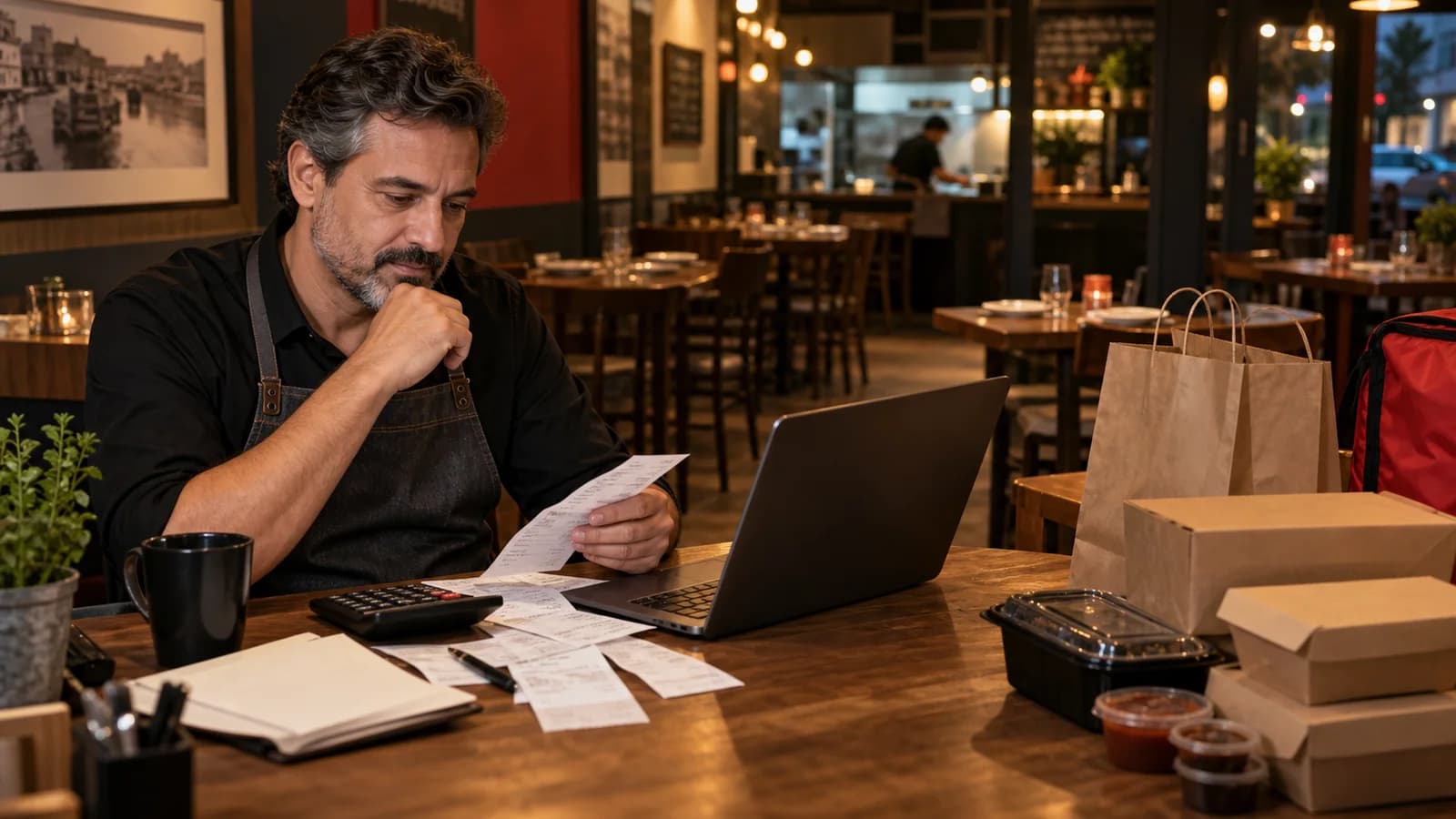 Dono de restaurante analisa custos e recibos depois do expediente