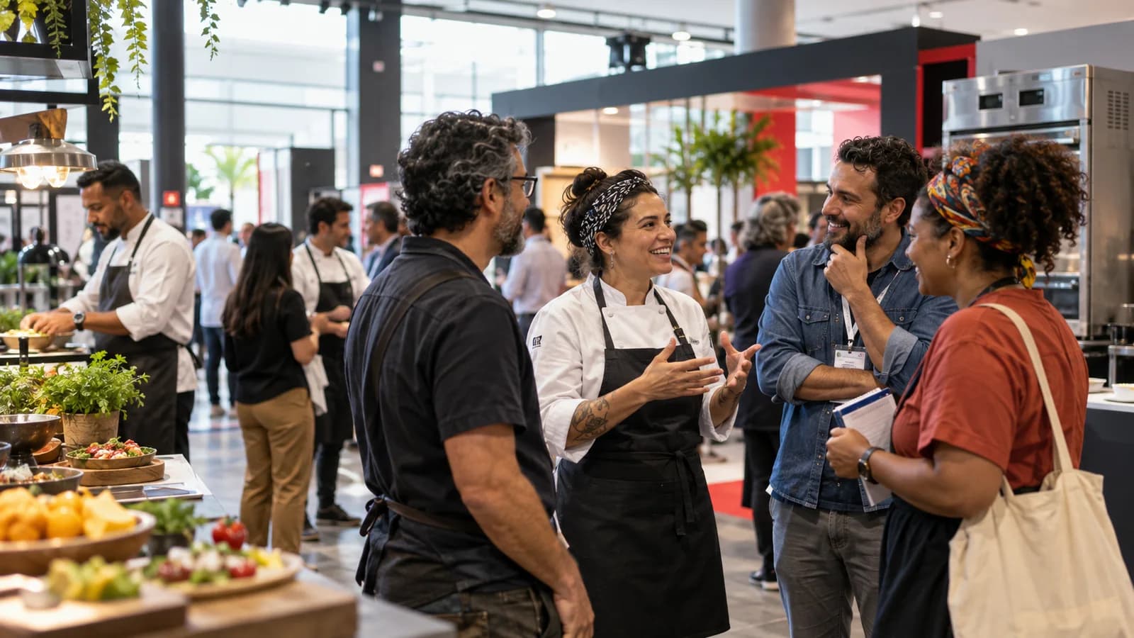 Profissionais de restaurantes conversam em um evento de foodservice
