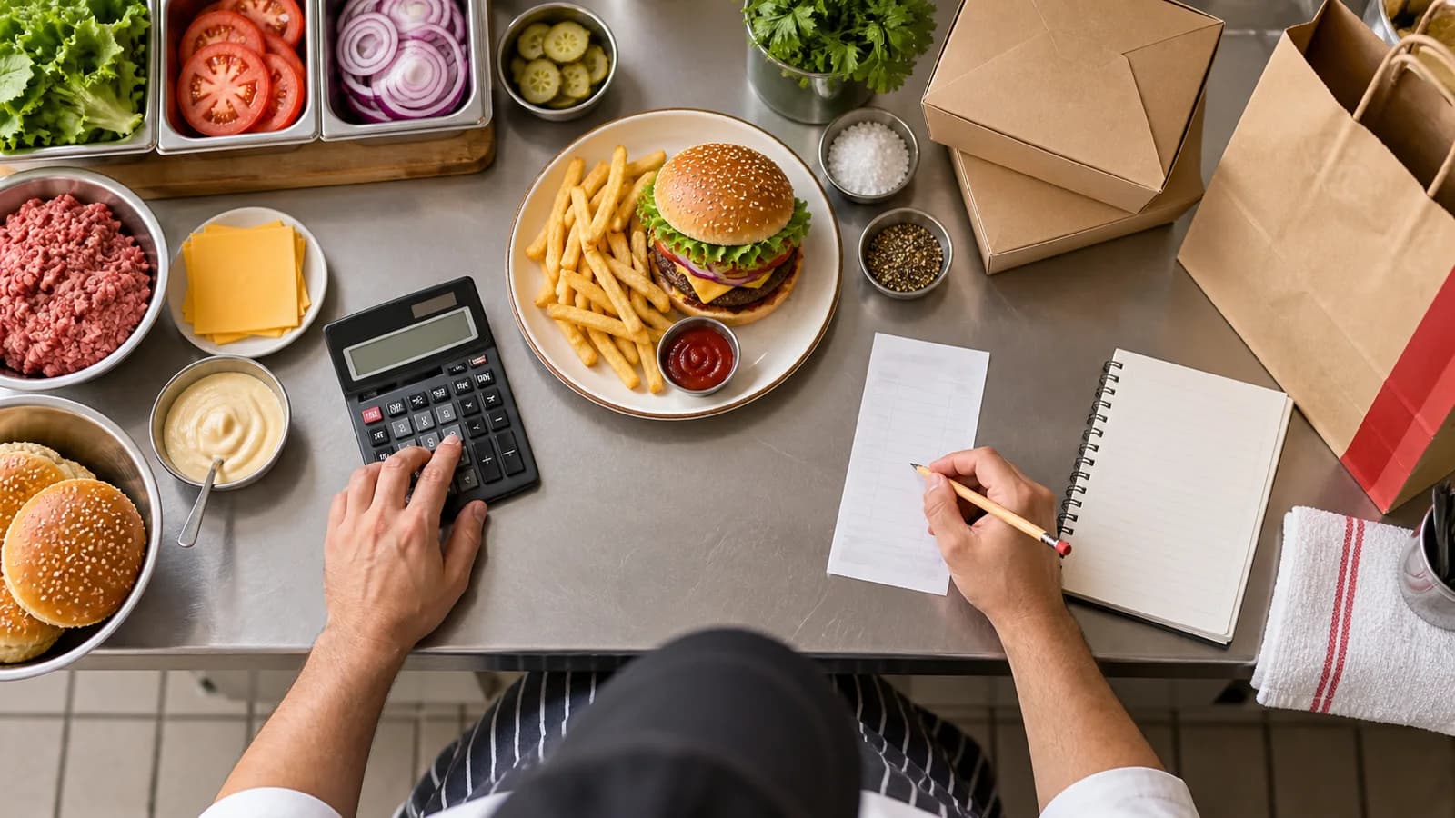 Dono de restaurante calcula custos de um pedido de hambúrguer para delivery