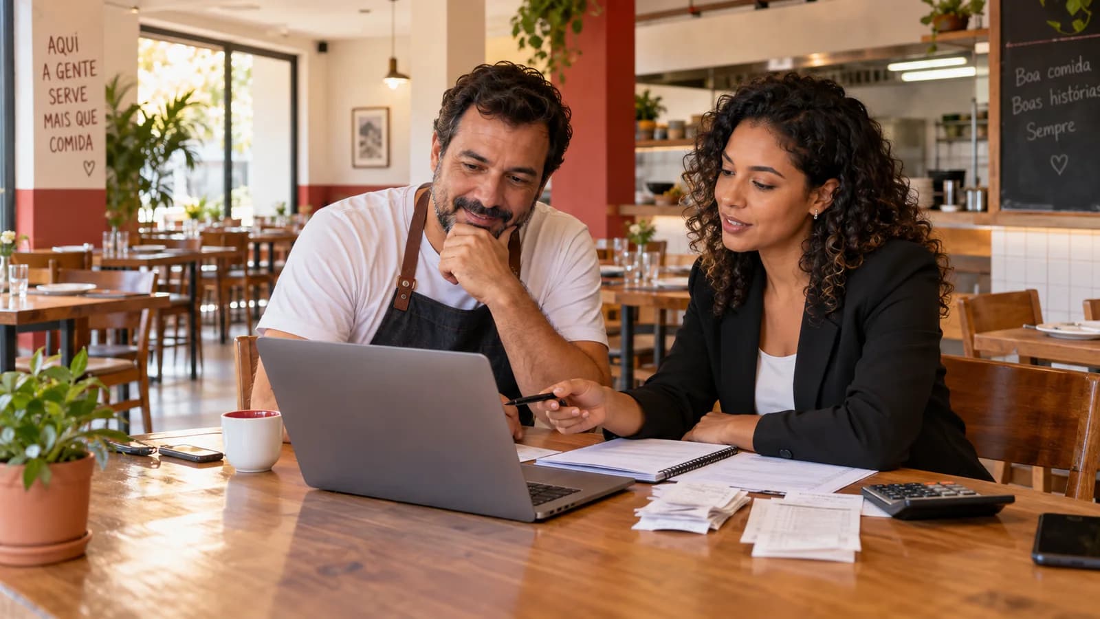 Dono de restaurante e contadora revisam o planejamento tributário no computador